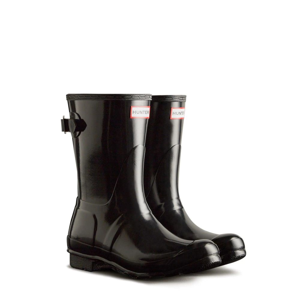 Black Hunter Womens Original Back Adjustable Gloss Wellies Short Rain Boots | TMKX63942